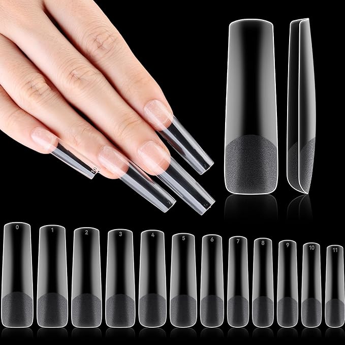 No C Curve XXL Square Nail Tips, Half Matte Clear Half Cover, Square Straight Flat Tips for Acrylic Nails Art Design, Salons, Home DIY Nail Extension(12 Sizes 240PCS)