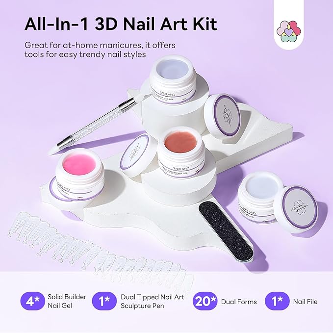 SAVILAND Solid Builder Nail Gel Set: Non-Sticky 4 Color Clear Nude White Pink 3D Nail Gels for Extension Reinforcement Long-lasting Sculpting Gel for Nails Art Starter Kit DIY Home