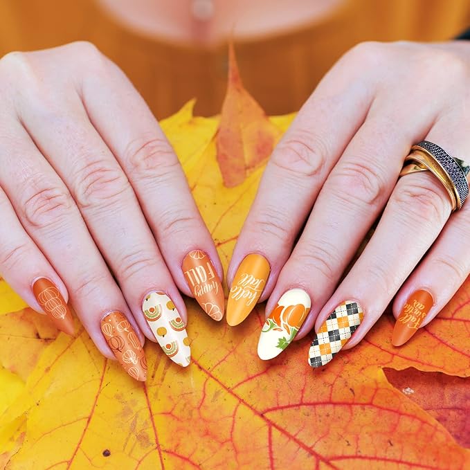Whaline Fall Halloween Nail Art Stamping Plate Kit Hello Fall Pumpkin Ghost Witch hat Plaid Design Nail Art Set for Autumn Thanksgiving Halloween DIY Print Manicure Salon, Set of 6