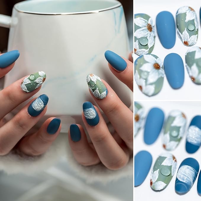 Sun&Beam Nails Handmade Medium Short Almond Blue White False Nail Tips with Cute Flower Popular Charm Design Press On Nails 10 Pcs (#60 S) (FN-HM-060-S.AU)