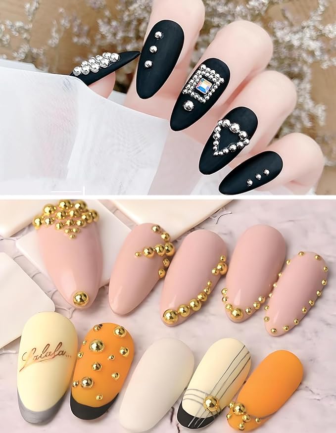 Nail Charms Jewels Manicure Kit with Pickup Pencil and Tweezers, Flatback Pearls for Face Makeup Face Gems and Flatback Sliver & Glod Half Round Beads Nail Gems for Nail Art and Manicure Decor