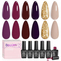 Beetles Gel Nail Polish Set – 6PCS Burgundy Purple Glitter Nude Plum Gold Gel Nail Polish Kit Soak Off UV LED Terra Dusk Colors DIY Home Salon Valentines Gift for Women