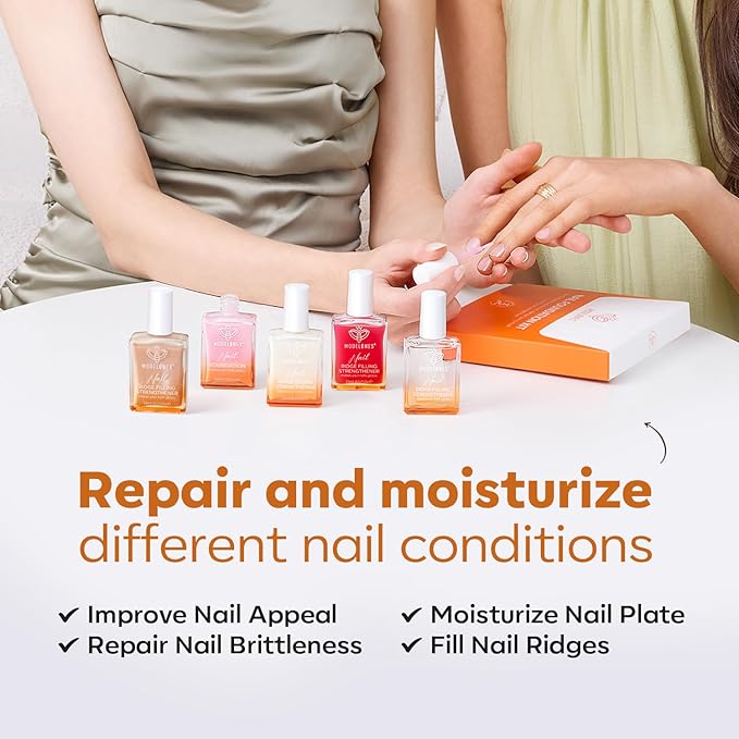 modelones Nail Strengthener 8-in-One Nail Repair for Damaged Nails Strengthener and Growth Nail Ridge Filler Glitter Nude Nail Polish 15ml