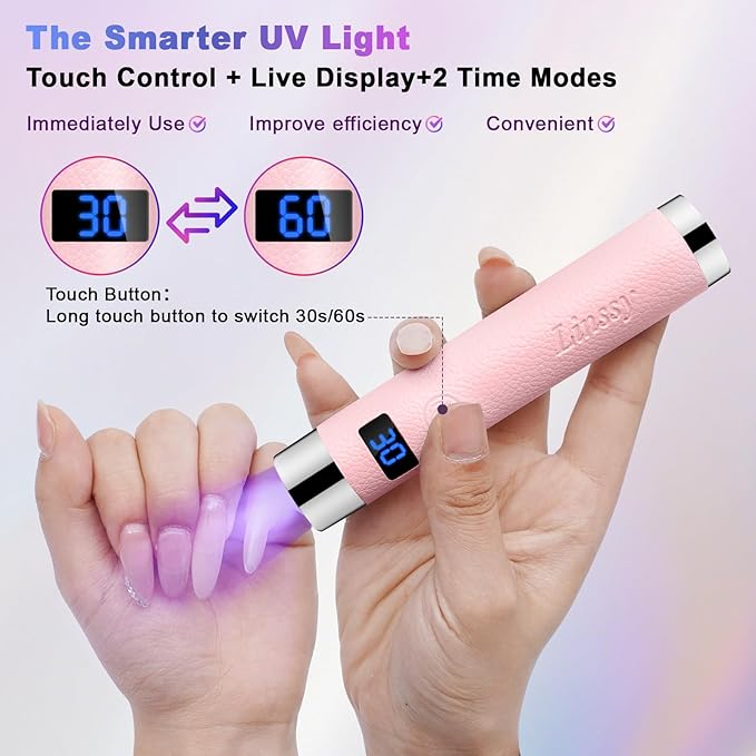 Mini UV Light for Nails with Auto Sensor & Gooseneck Stand,Portable Cordless Nail Lamp Flash Cure Lamp with LCD Display,Handheld UV Light for Gel Nails at Salon & Home Use (Pink)