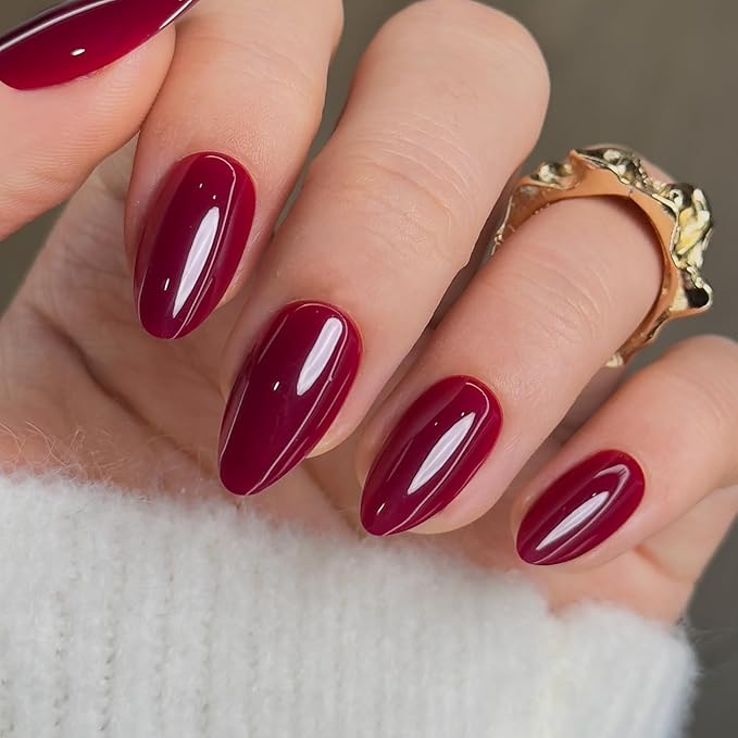 CurvLife Press On Nails Medium Almond – Burgundy Wine Red Fake Nails, Reusable Soft Gel Glue On Nails with Adhesive Tabs, High Gloss, Natural Fit, Salon Quality for Women