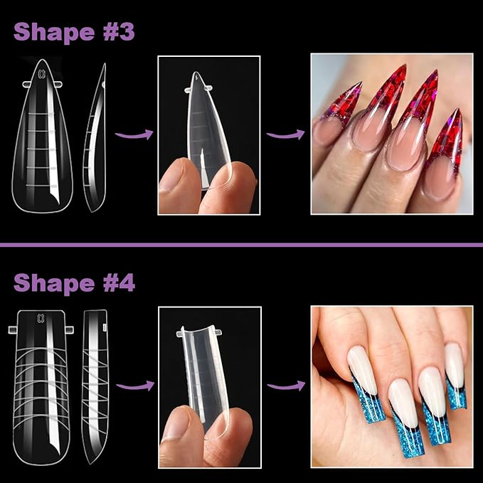 BlueZOO 288Pcs Nail Dual Forms with French Guide Lines Outside, 4 Shapes 192Pcs Poly Gel Nail Molds & 96Pcs Silicone Reusable French Tip Sticker for DIY Nails Extension Manicure Art Home Salon,12 Size