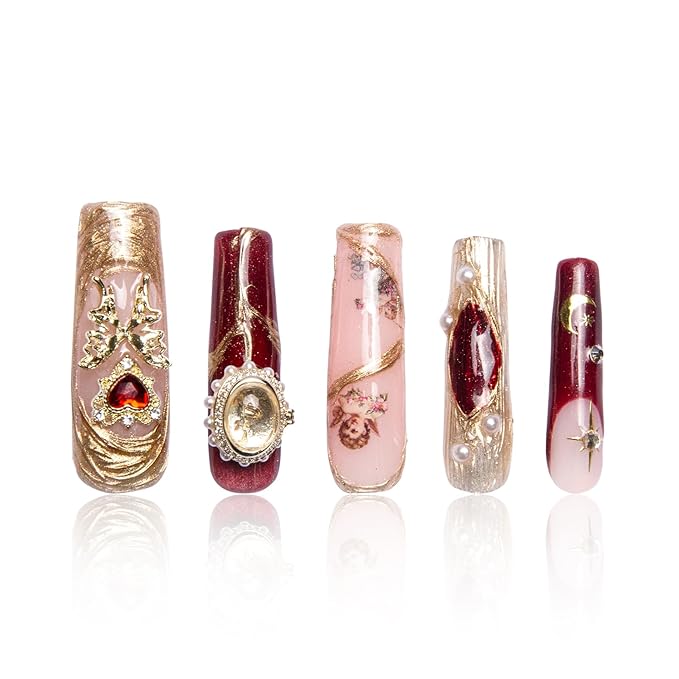 LOVFUL Press on Nails Verona Handmade Curve | Handmade with Full Covered Crystals | Reusable Fake Nails | Square Mid length 1.7in | H186-L
