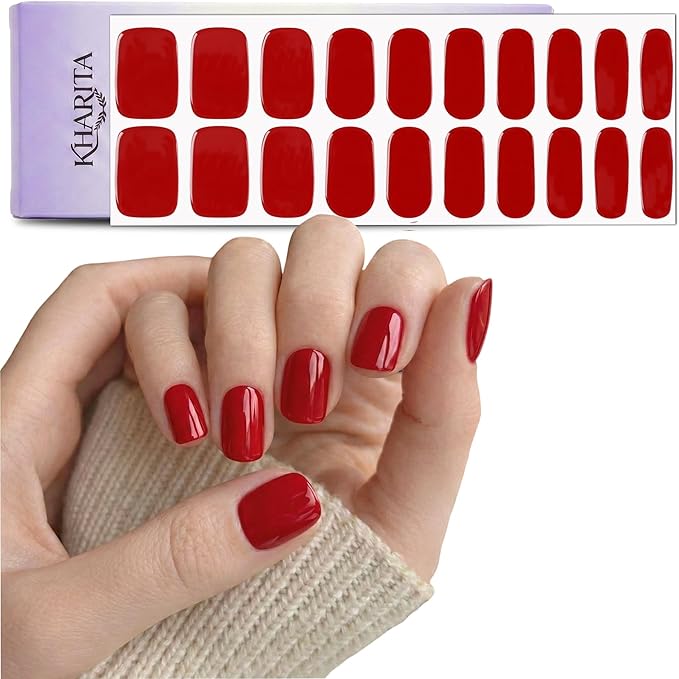 Semi Cured Gel Nail Strips – Real Gel Nail Polish Wraps for Brittle Nails | Waterproof Long Lasting Easy Peel-Off Removal | Hema-Free | 20-Piece Rouge Ruby Salon Kit with File & Stick