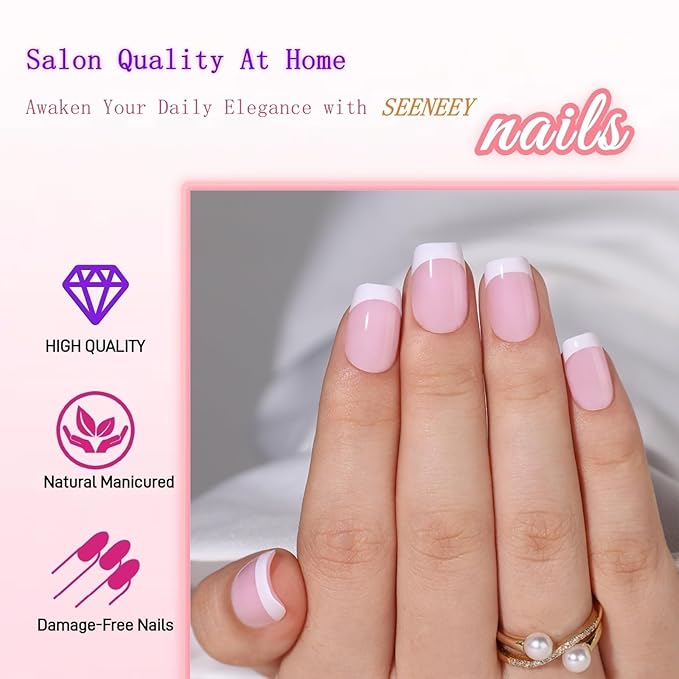 French Tip Press On Nails Short Square Fake Nails with Glue, SEENEEY Soft Gel Nail Press ons, Glue Included Stick On Nail in 16 Sizes for Women 32 Pcs