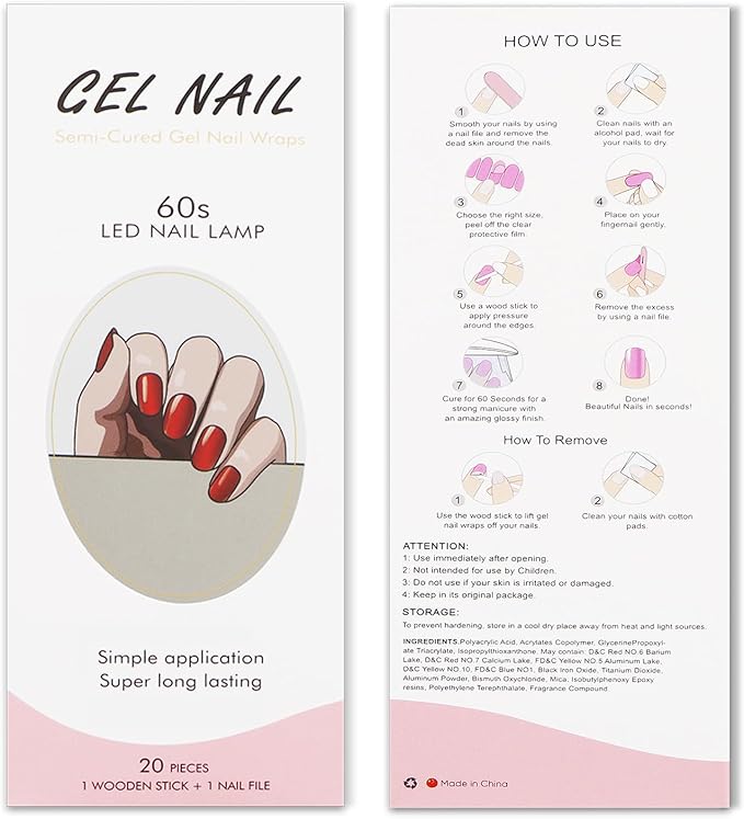 JMEOWIO Gel Nail Stickers Dark Red Semi Cured Gel Nail Strips Wraps UV/LED Nails Art Design Decoration Accessories