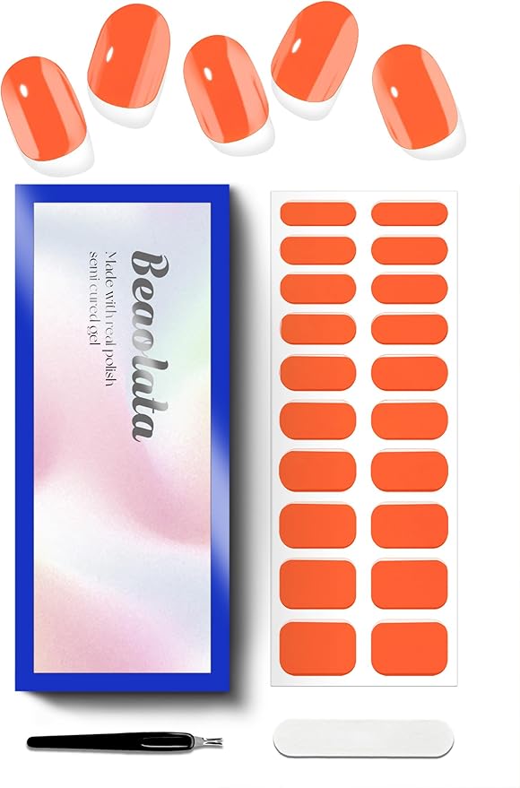 Semi Cured Gel Nail Strips - UV Light Gel Nail Stickers - 20 Long Lasting Salon Quality Wraps (Vibrant Orange)