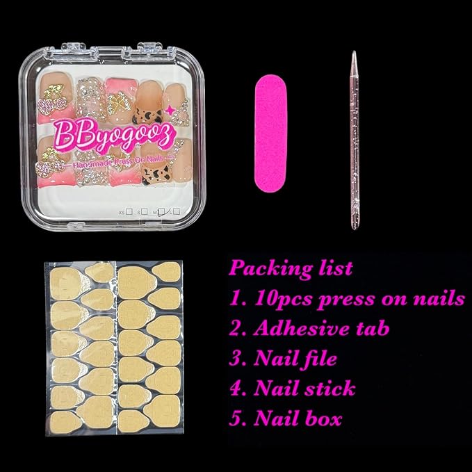 Handmade Press on Nails Short Duck Shape - Leopard Print & Full Diamond Cherry Design, Pink Acrylic Reusable False Nails with Gold Leaves & Butterfly, Unique 3D Nail Art Set (Jewel Orchard, L)