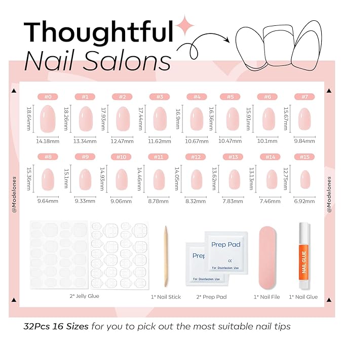 modelones Nude Pink Short Press on Nails, Semi-Transparent Oval Fake Nails Kit Press Ons with Nail Glue, Adhesive Tabs, Nail File, Prep Pad, Manicure Stick, 32Pcs 16 Sizes, Spring Women Girl Gift