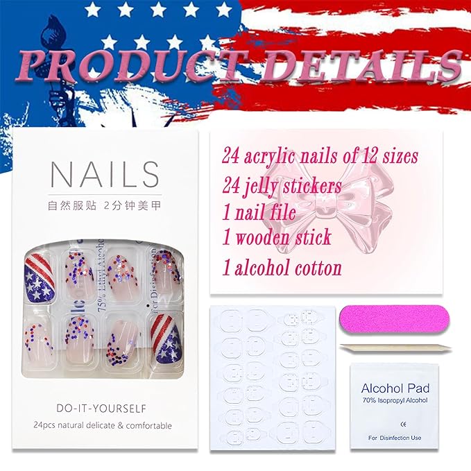 4th of July Press on Nails Short Almond Fake Nails America Flag Blue Red Glitter False Nails with Designs Full Cover Tricolor Flag Glossy Glue on Nails Acrylic Artificial Nails for Women Girls 24Pcs