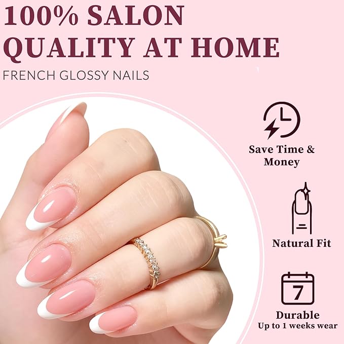 120PC White French Tip Press on Nails Medium Fake Nails Press ons with 5*Adhesive Tabs, Pink Almond Acrylic Nail Press on Nail French Tip Nails False Artificial Fingernails Stick on Nails-J