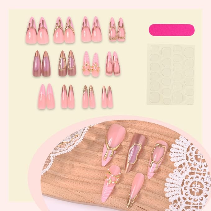 Long Press on Nails Almond Fake Nails Cat Eyes Artificial Nail Pink Gold Charm and Pearl Designs Cute Stick on Nail for Women 24pcs