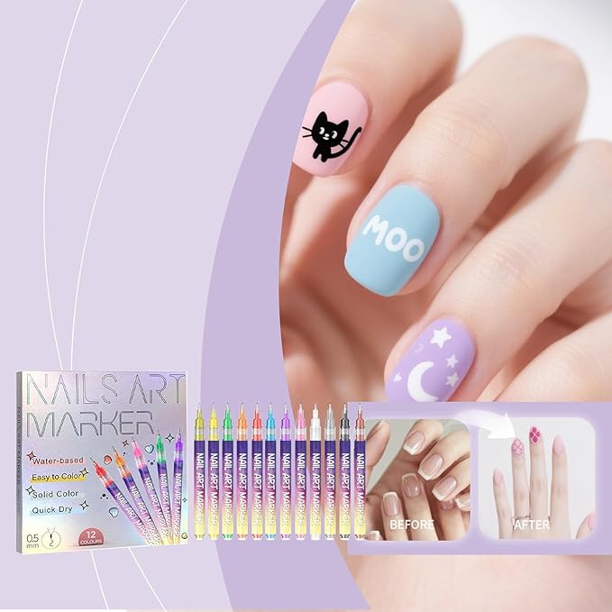 Nail Art Marker Set Water based Acrylic Paint Pens with Precision Tips for DIY There are a total of 24 nail art pens with varying thicknesses Beautiful Manicures Perfect for Ladies Girls 12 Color
