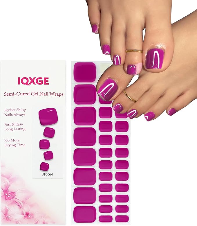 32 Pcs Semi Cured Gel Toe Nail Strips Berry Pink Gel Nail Stickers Full Cover Nails Wraps Self Adhesive Toe Nails Polish Strips Stickers for Women UV/LED Light Required