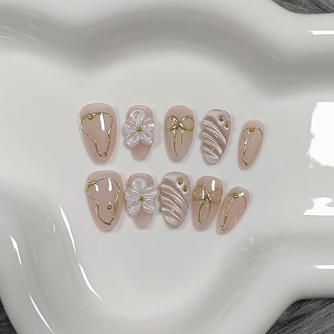 10Pcs Short Almond Oval Press On Nails With Tools,Nude Pink Fake Nails with 3D Flowers & Cat Eye Designs,Glitter Gold Edge Glue on Nails, Glossy Handmade Acrylic False Nails for Daily Party(L)