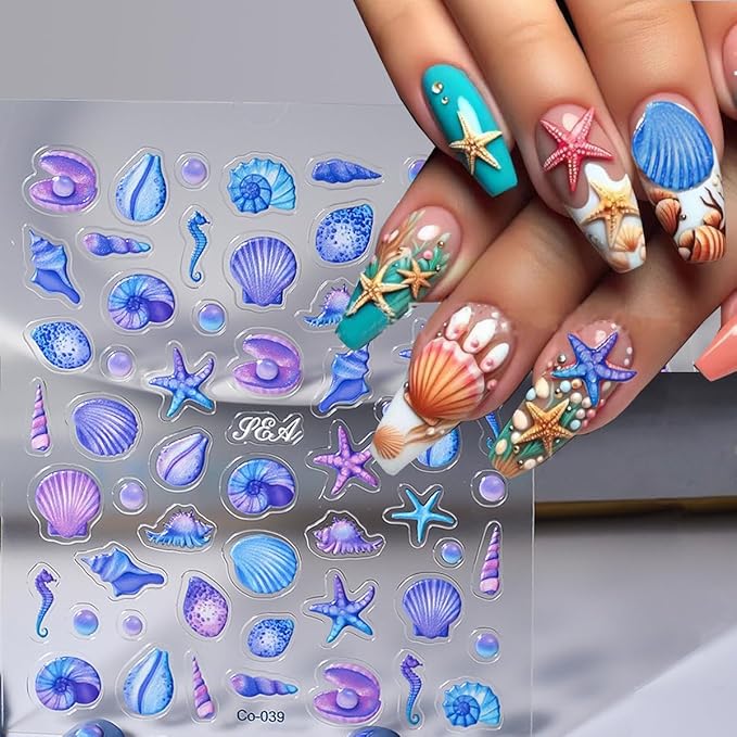 Zoance 5D Embossed Shell Starfish Nail Art Stickers, Self Adhesive Marine Life Nail Decals 4 Sheets Jellyfish Fishtail Pearl Nail Stickers for Nail Art Supplies Women Girls Nail DIY Decorations