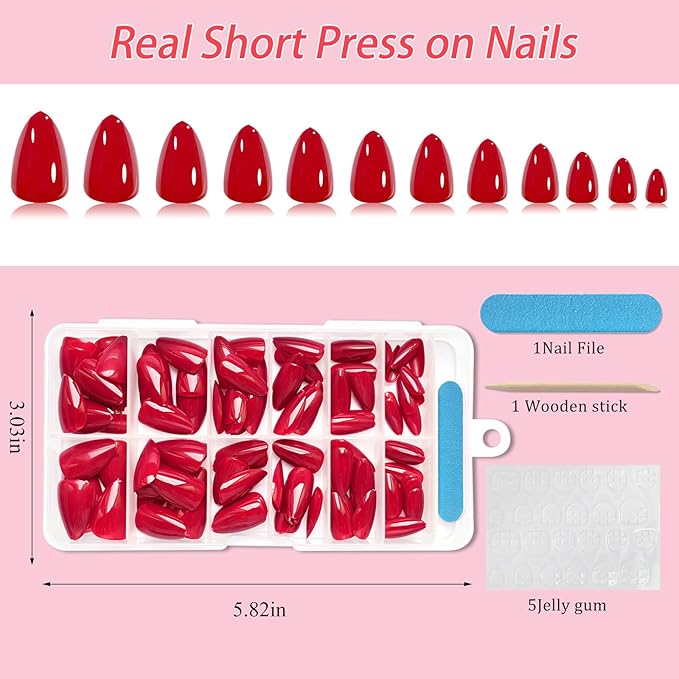 120pc Red Almond Press on Nails Short Fake Nails Press ons for Women Acrylic Nails Press on Nails&Glue Tabs, Short Red Press on Nails Almond False Nail Tip Stick on Artificial Fingernail