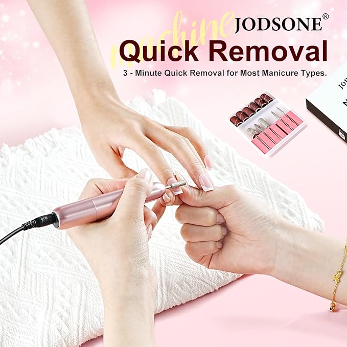 JODSONE Electric USB Nail Drill for Acrylic and Gel 14000RPM Portable Nail File Efile Set with Nail Drill Bits Sanding Bands Pink