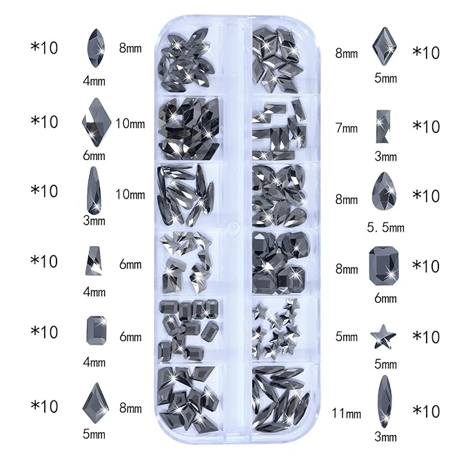 HNUIX Nail Rhinestones - 3D Multi Shape Size, Crystal Mineral Gray Nail Gems, Flat Back, with Kit, for Nail Art, DIY Decorations