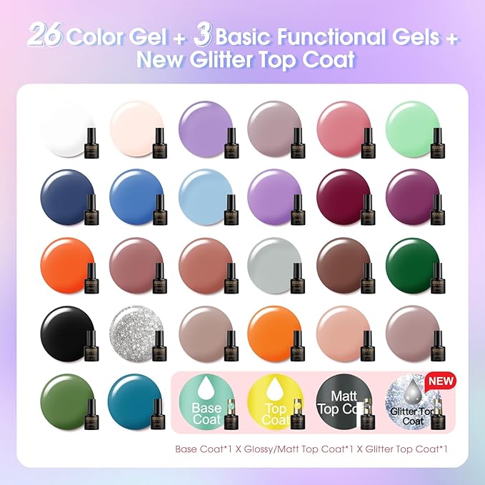 ROSALIND 30PCS Gel Nail Polish Set with Base Glossy Matte and Glitter Top Coat Gel Polish, Wite Blue Green Gel Nail Set Soak Off Gel Polish Set