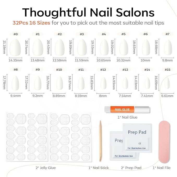 Modelones Milky White Press on Nails Almond, Spring Short Fake Nails, Reusable Nail Kit with Nail Glue Adhesive Tabs Mini Nail File, Nails Press Ons 32Pcs 16 Sizes, Women Girl Gift