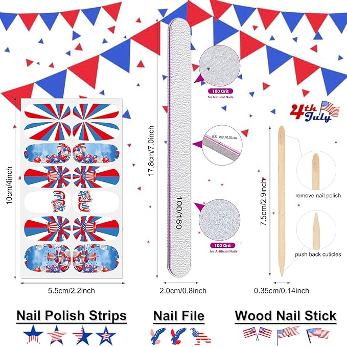DANNEASY 16 Sheets 4th of July Independence Day Nail Polish Stickers Full Nail Wraps Self Adhesive Nail Polish Strips Gel Fingernail Sticker Nails for Women with Nail File, Cuticle Stick