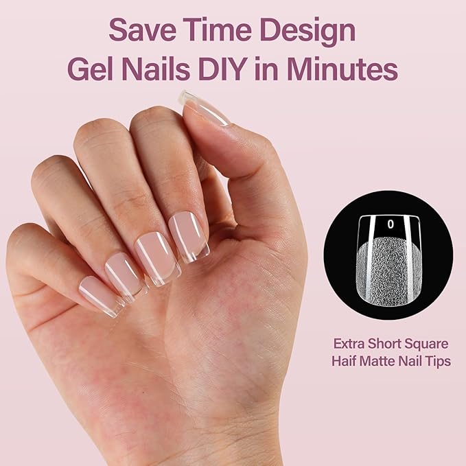 Misssix Extra Short Square Gel x Nail Tips Kit, 216Pcs Pre Etched Clear Fake Nails, Full Cover False Nail 9-in-1 Gel Glue and Portable Mini U V Nail Lamp for Women 12 Sizes