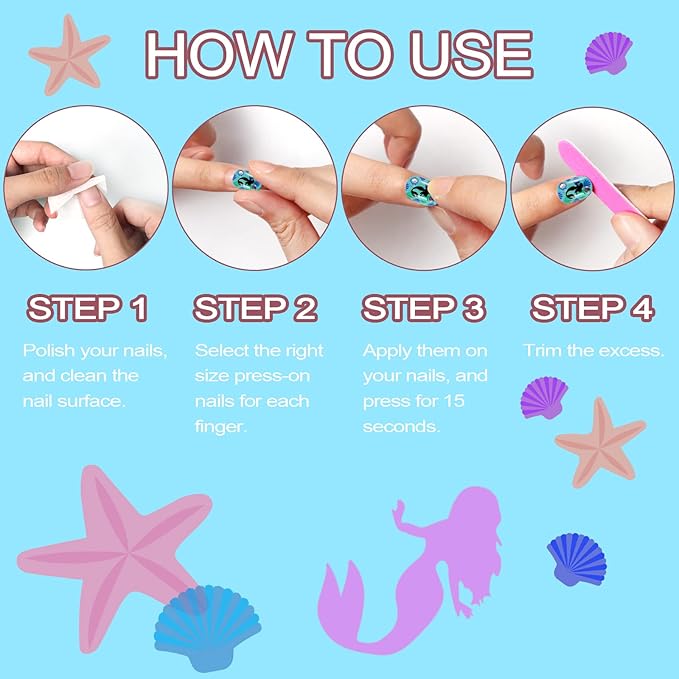 Allstarry 124 Pieces 6 pack Children Nails Press on Pre-glue Full Cover Blue Mermaid Short False Nail Kits Lovely Gift for Children Little Girls Nail Art Decoration (Glittering Ocean)