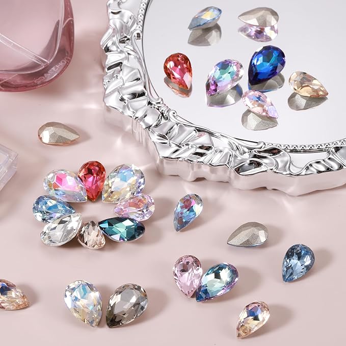 MECCANIXITY 48 Pcs 3D Teardrop Rhinestones Diamond Nail Charm Crystal Pointback K9 Glass Rhinestones Crystal Gems for Jewelry Making, Craft, 8x12mm, AB Blue