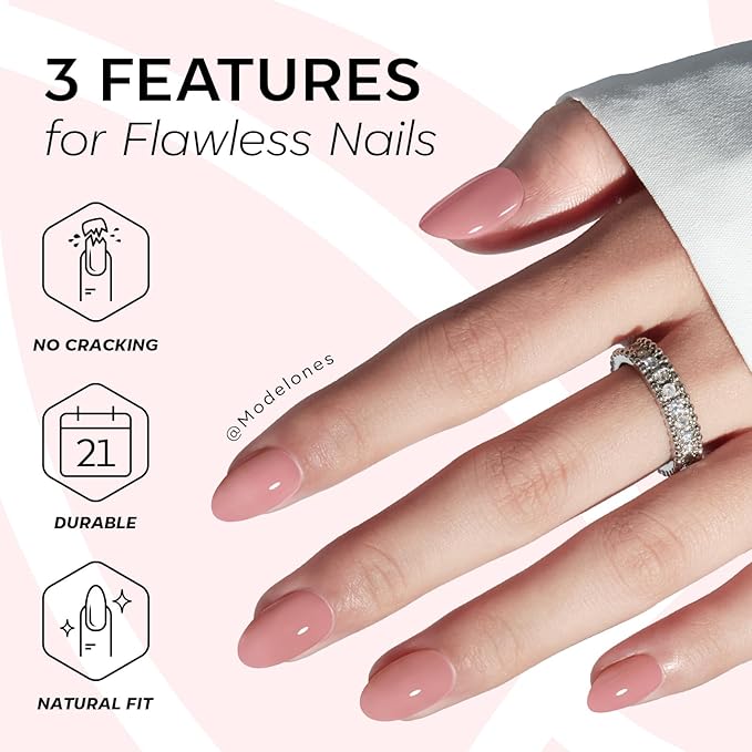 modelones Soft Pink Short Press on Nails, Semi-Transparent Oval Fake Nails Kit Press Ons with Nail Glue, Adhesive Tabs, Nail File, Prep Pad, Manicure Stick, 32Pcs 16 Sizes, Spring Women Girl Gift