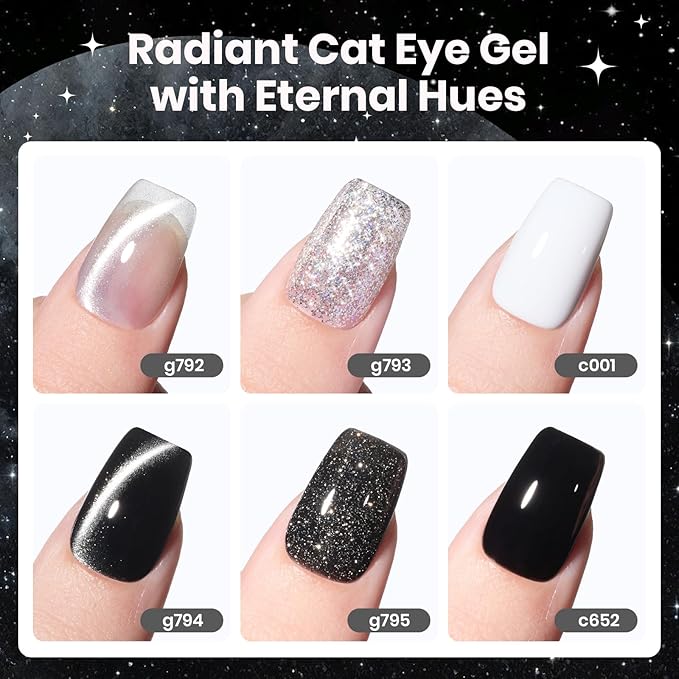 Beetles Gel Nail Polish Set - Twilight Gleam 6 Colors Cat Eye Glitter White Black Silver Shimmer Sparkle Gel Polish Kit with Magnet Soak Off Nail Art Uv Led Home Salon Spring Summer Gift for Women