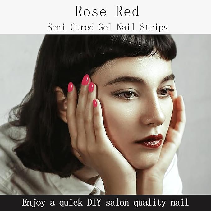 20Pcs Semi Cured Gel Nail Strips Hot Pink Gel Nail Stickers UV/LED Light Needed Full Polish Nails Wraps Glossy Nails Polish Strips for Women Includes Prep Pads, File, Wooden Cuticle Stick