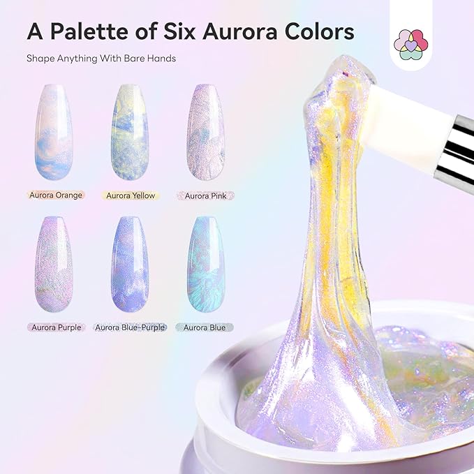 SAVILAND Advanced Non-Sticky Solid Builder Nail Kit: 6PCS Aurora Colors 30 Days Long-Wear Sculpting Gel for Nails Art 4 in 1 3D Gel Nail Art with Castor Oil Salon Use