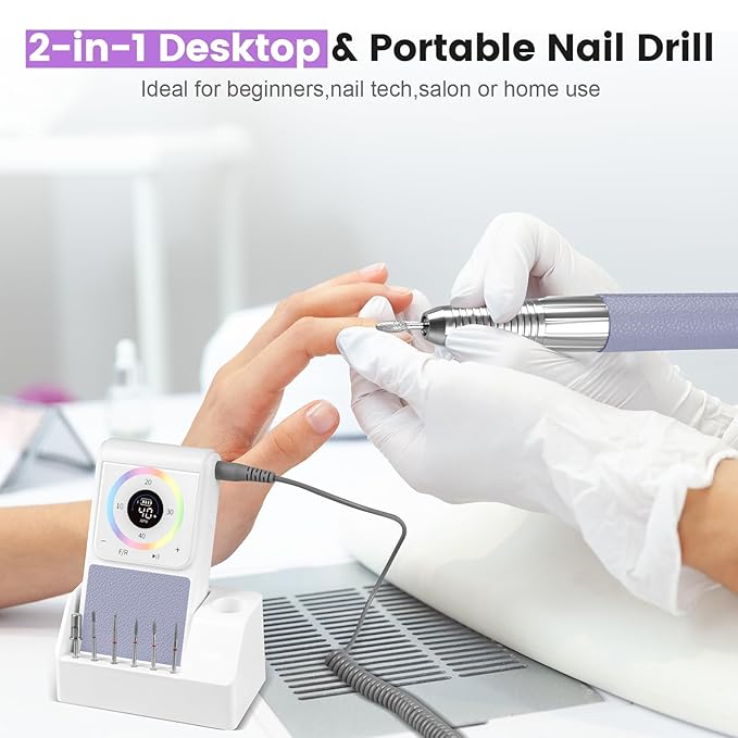Professional Nail Drill, 40,000RPM Electric Brushless Nail Drill, Rechargeable, Portable, Touch Control, Quiet, Vibration-Free, Cordless Nail File Machine with 7PCS Drill Bits