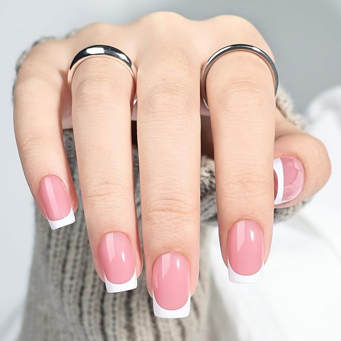 White French Tip Press On Nails - Pink Short Square Fake Nails, Square White Press On Nails Reusable Stick On Nails in 16 Sizes, 32pcs False Nail Kit for Women & Girls (Pink White French)