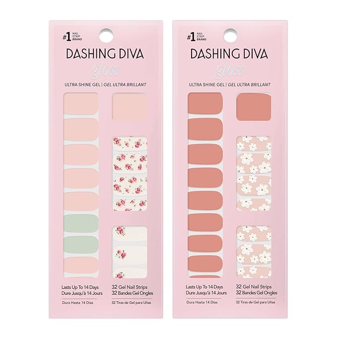 Dashing Diva Gloss Nail Strips Bundle - The Vintage Florals Collection - So Very Victorian & Heavens Gate - UV Free, Chip Resistant, Long Lasting Gel Stickers - Contains 2 Sets