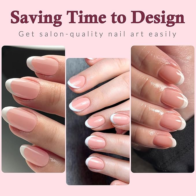 120PC White French Tip Press on Nails Short Fake Nails Press ons with 5*Adhesive Tabs, Pink Almond Acrylic Nail Press on Nail French Tip Nails False Artificial Fingernails Stick on Nails-I