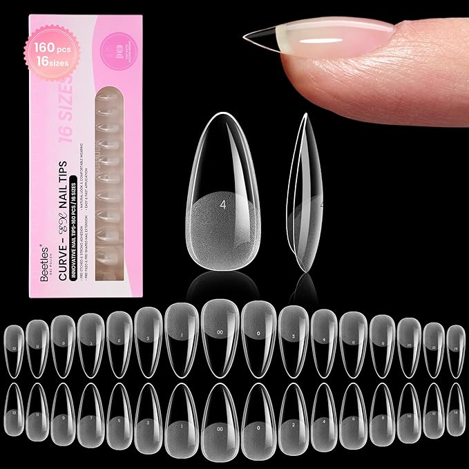 Beetles Gel Nail Tips Curve-EX - Almond Medium, 160pcs 16 Sizes, Etch-X Half Matte Full Cover Soft Acrylic False Press on Nail Tips Easy DIY Nail Extension Art Salon for Curved & Natural Nail Beds
