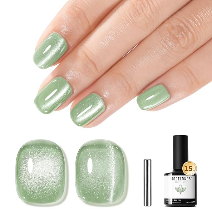 modelones Green Cat Eye Gel Nail Polish Glassy Magnetic Glitter Holographic Mint Green Grape Reflective Translucent Gel Polish Jelly Translucent UV Gel Manicure 15 ML
