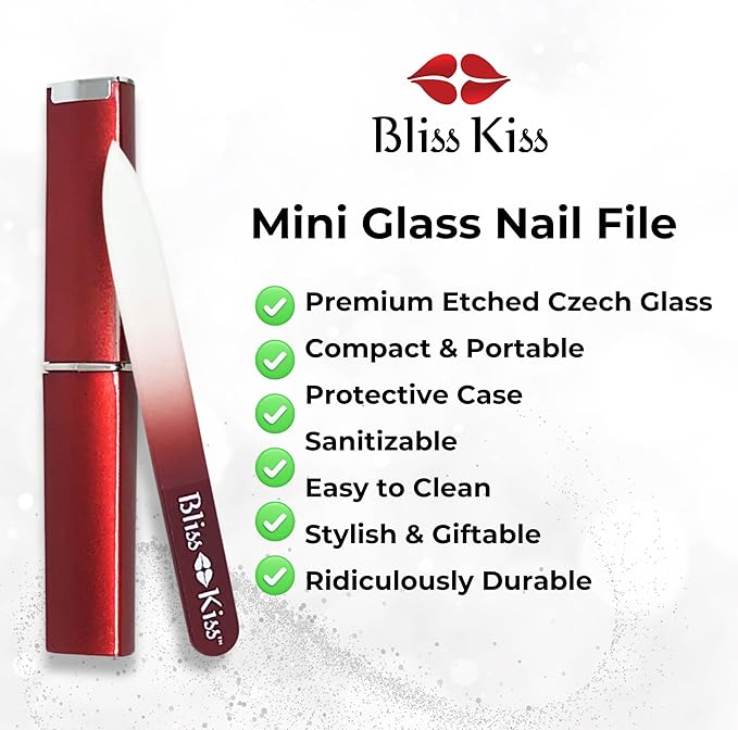 Bliss Kiss Simply Czech Crystal Glass Nail File case & Sleeve | Small Gentle Nail Files for Natural Nails, Durable Manicure Tool, Perfect Travel Size, Emery Boards Alternative