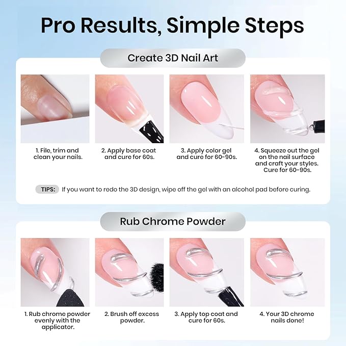 Beetles 3D Gel Nail Art, Sculpting Gel 3 in 1 Clear No Wipe Nail Polish Rhinestone Art Glue Gel for Drawing, Molding, Gems and Decoration with Silver Chrome Nail Powder for DIY Nail Designs, 15g