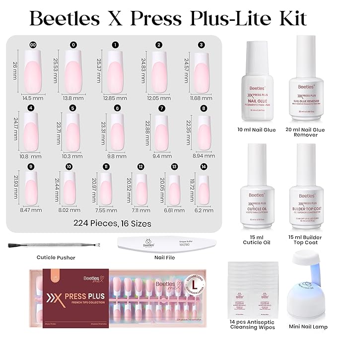 Beetles X Press Plus On Nails Kit - Rose French | Pink Long Square French Tip Press On Nails | 224Pcs 16 Sizes All-in-One Kit With Nail Glue，Remover，Builder Top Coat，Nail Lamp