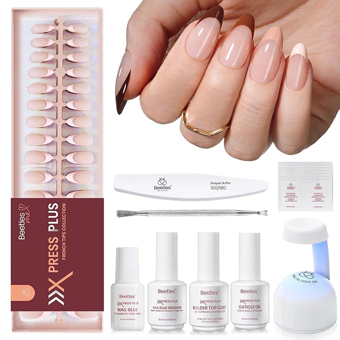 Beetles Press On Nails Kit - Cappuccino Mousse French | 7 Colors Medium Almond French Tip Press On Nails | 224Pcs 16 Sizes All-in-One Kit With Nail Glue,Remover,Builder Top Coat,Nail Lamp