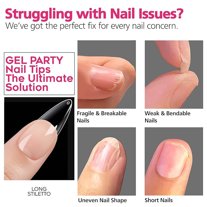 GELPARTY Soft Gel Nail Tips Long Stiletto - 240Pcs Pre-Buffed Matte Full Cover Tips - No Filing Needed, Soak Off Gel Extension System - Clear False Nails (12 Sizes)