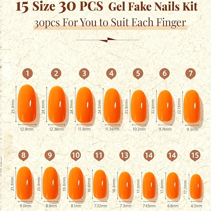 Orange Press on Nails Medium, False Acrylic Nails Press Ons,Jelly Fake Nails,Natural Petite Glue on Nails,Stick on Nails for Women Girls in 30 PCS