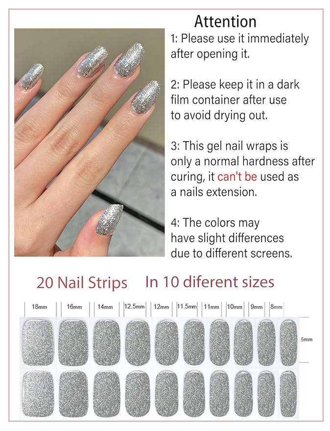 Semi Cured Gel Nail Strips, 20pcs Diamond Glitter Gel Nail Stickers UV for Home Nails DIY